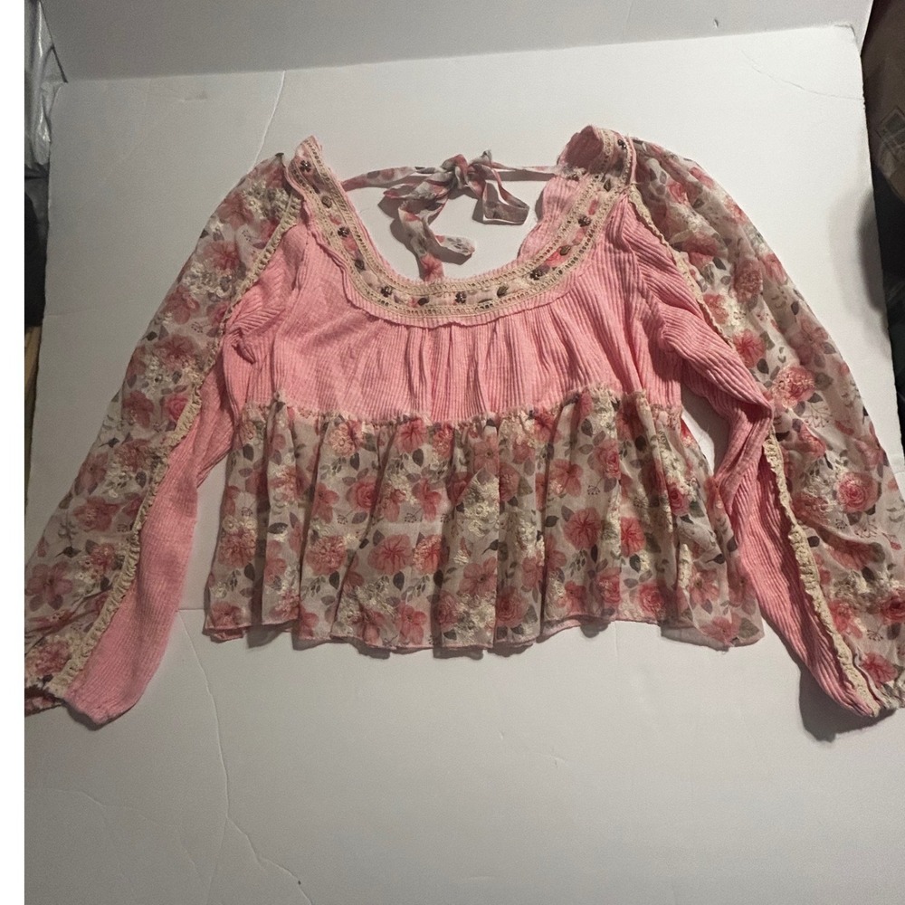 Pol Pink Floral Mixed Media Boho Chic Top Crochet Lace Coquette Romantic Lg
